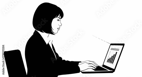 Professional woman diligently working on laptop analyzing business data and financial reports.