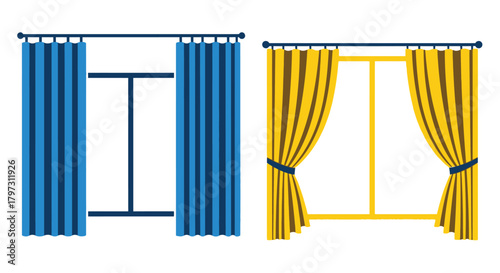 Two curtain arrangements with different colors and tieback styles are shown