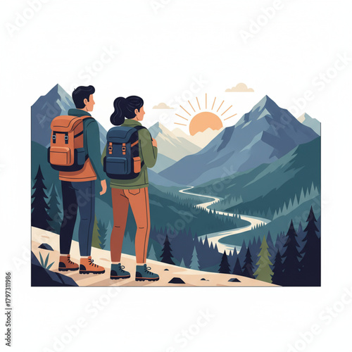 Hiking Couple Enjoying Mountain Landscape View, Adventure Tourism