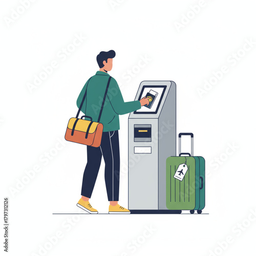Passenger Using Automated Check-in Kiosk at Modern Airport Terminal