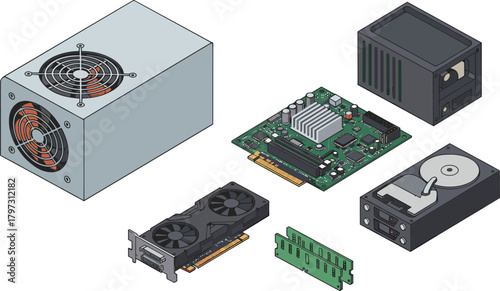 Computer hardware components, motherboard, graphics card, RAM, hard drive, power supply, technical illustration, PC parts, system build, educational diagram