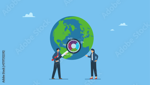 Businessman with magnifier on globe with chart and graph. World economic analysis, global investment or international business opportunity research, forecast and analyze financial information.