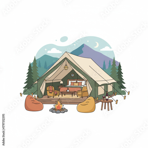 Luxury Glamping Tent Setup in Mountain Wilderness Nature Camping