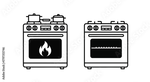 Simple line drawing of two stovetops with ovens one with a flame