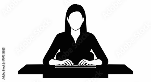 Woman at desk typing on keyboard silhouette focused on work.