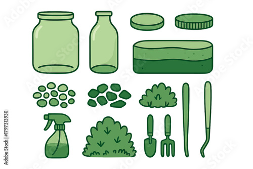 Essential tools and materials collection for creating a terrarium or miniature indoor garden