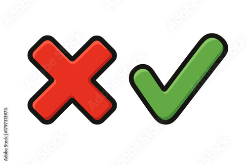Red cross mark and green check mark symbols for right wrong approval and rejection status
