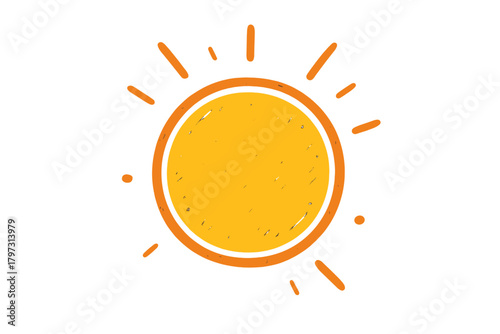 Bright yellow sun with orange outline and radiating rays in cheerful doodle style