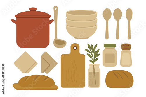 Essential kitchen utensils, cooking tools, and food items for meal preparation