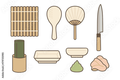 Traditional Japanese sushi preparation and serving items including knife, mat, rice paddle, and condiments