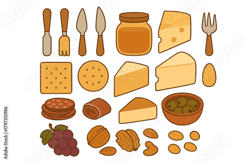 Variety of delicious cheese board components like crackers, nuts, grapes, honey, and olives