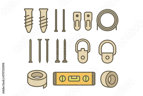Essential hardware and tools for hanging pictures, featuring anchors, nails, level, and tape