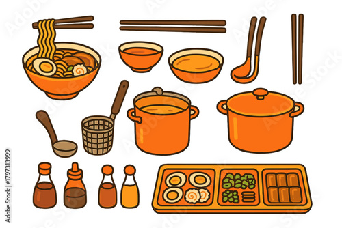 Collection of Japanese ramen noodles, cooking pots, bowls, chopsticks, and seasoning bottles