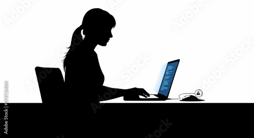 Silhouette of woman working on laptop at desk, focused and concentrated.