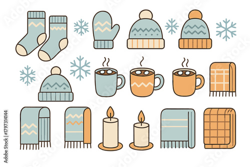 Seamless pattern of cozy winter essentials including warm clothing and hot drinks
