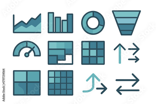 Business data visualization elements including charts, graphs, and directional arrows