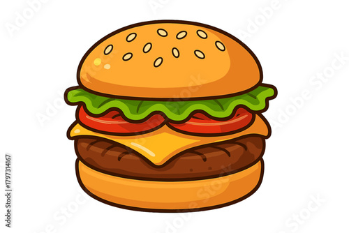 Classic cheeseburger with sesame bun, fresh lettuce, tomato, and melted cheese