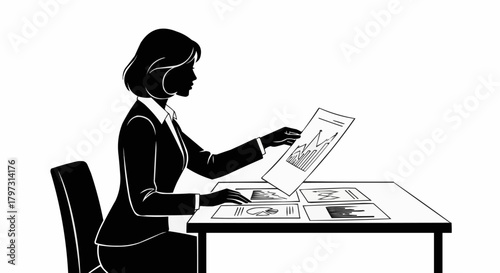 Silhouette of a businesswoman sitting at a desk analyzing reports.