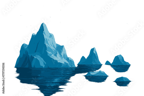 Blue icebergs floating in dark ocean water isolated on a clean white background