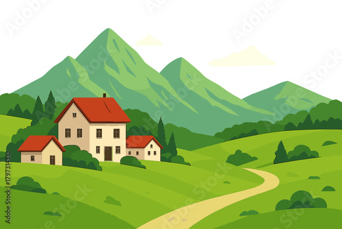 Scenic rural landscape with traditional houses nestled in green rolling hills and towering mountains