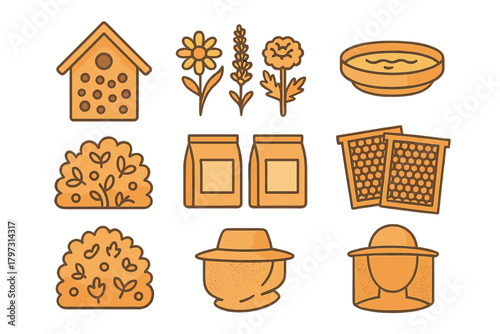 Essential elements and tools for beekeeping, honey production, and supporting pollinator gardens