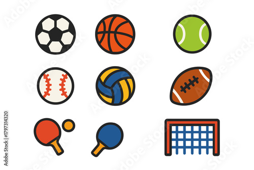 Colorful sports equipment icons set featuring balls for soccer, basketball, baseball, volleyball, and table tennis gear