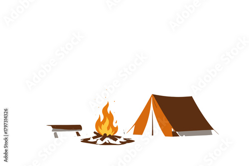 Camping scene with tent, bright bonfire, and wooden bench in the wilderness
