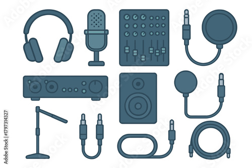 Professional audio recording equipment set including headphones microphone and mixing console