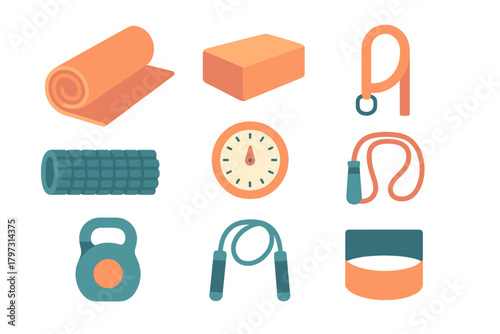 Colorful icons representing various workout and exercise equipment for health and wellness