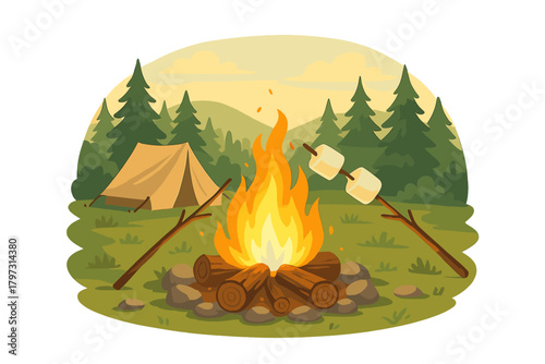 Cozy campfire scene with roasting marshmallows and camping tent in a lush forest landscape