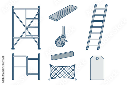 Construction scaffolding equipment components: frames, ladder, safety net, and platform
