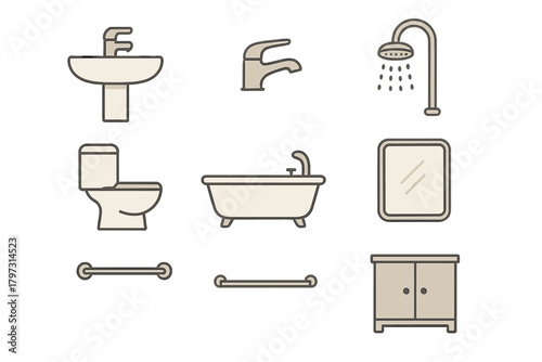 Modern bathroom furniture and plumbing fixtures set including sink toilet bathtub and shower