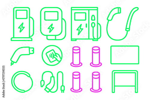 Set of electric vehicle charging station icons with plugs, payment, and parking symbols