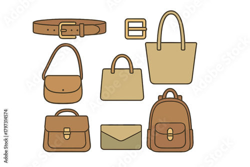 Collection of leather goods and fashion accessories including handbags, belt, and buckle icons