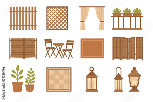 Outdoor furniture and garden decor elements including fences screens lanterns and potted plants