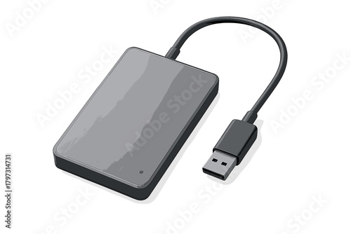 Compact external hard disk drive or SSD with attached USB connector cable