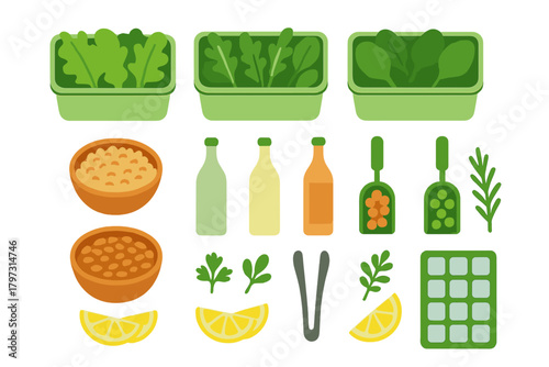 Assortment of fresh healthy salad ingredients, leafy greens, beans, citrus, and cooking tools