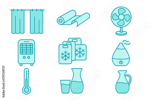 Outline icons for cooling and temperature regulation featuring fan, air cooler, ice packs, and water