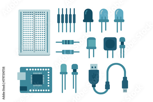 Electronic components set including breadboard, resistors, LEDs, microchip, and USB cable for prototyping
