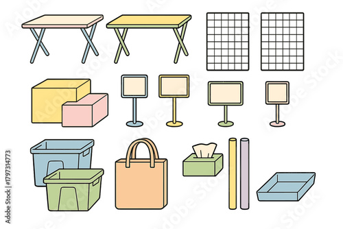 Collection of everyday objects including folding tables, storage bins, and display signs