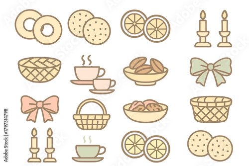 Cozy outlined icons set featuring hot drinks, baked goods, fruit, and holiday decorations in muted colors