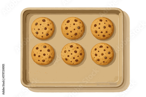 Six freshly baked chocolate chip cookies cooling on a beige baking sheet