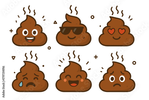 Funny cartoon pile of poop characters displaying a range of expressive faces and moods