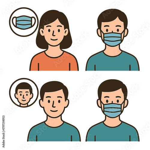People wearing and not wearing protective medical face masks for health safety and disease prevention