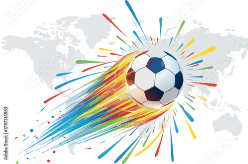 Dynamic soccer ball explodes with vibrant color trails across world map