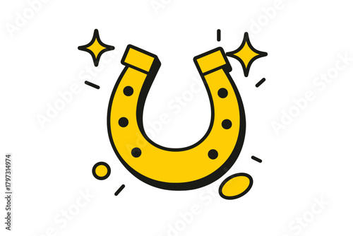 Stylized golden horseshoe charm with sparkling stars and black details on a clean white background
