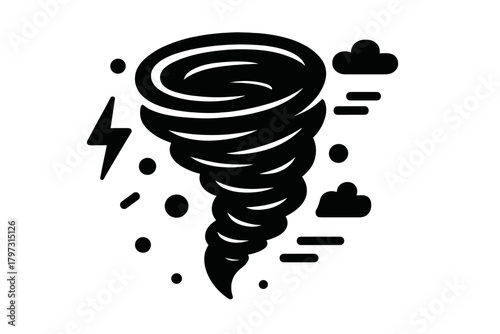 Powerful swirling tornado with lightning and storm clouds representing severe weather