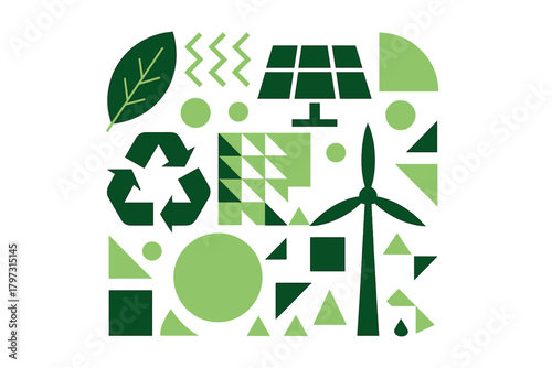 Abstract geometric composition of sustainability icons for solar power, wind energy, and recycling