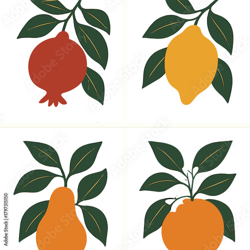 Stylized collection of four fruits: pomegranate, lemon, pear, and citrus branches