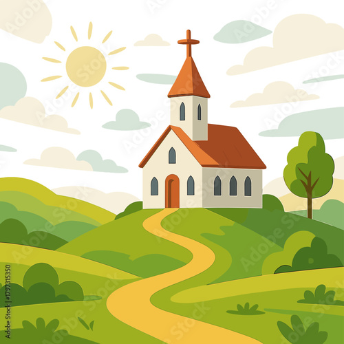 Small chapel on a rolling green hill with a winding dirt road under bright sunshine
